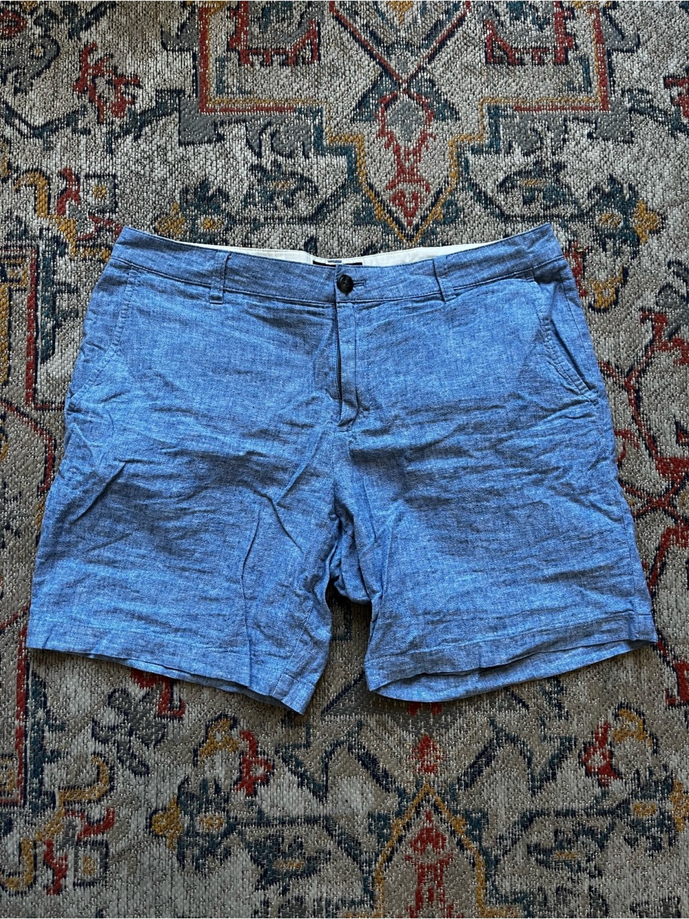 Even Tide Men's Flat-Front Chambray Blue Shorts Size 34 Linen/Cotton